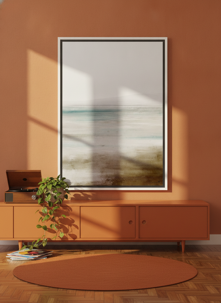 Canvas wall art with a white surround standing on a sideboard in a retro 70s bedroom