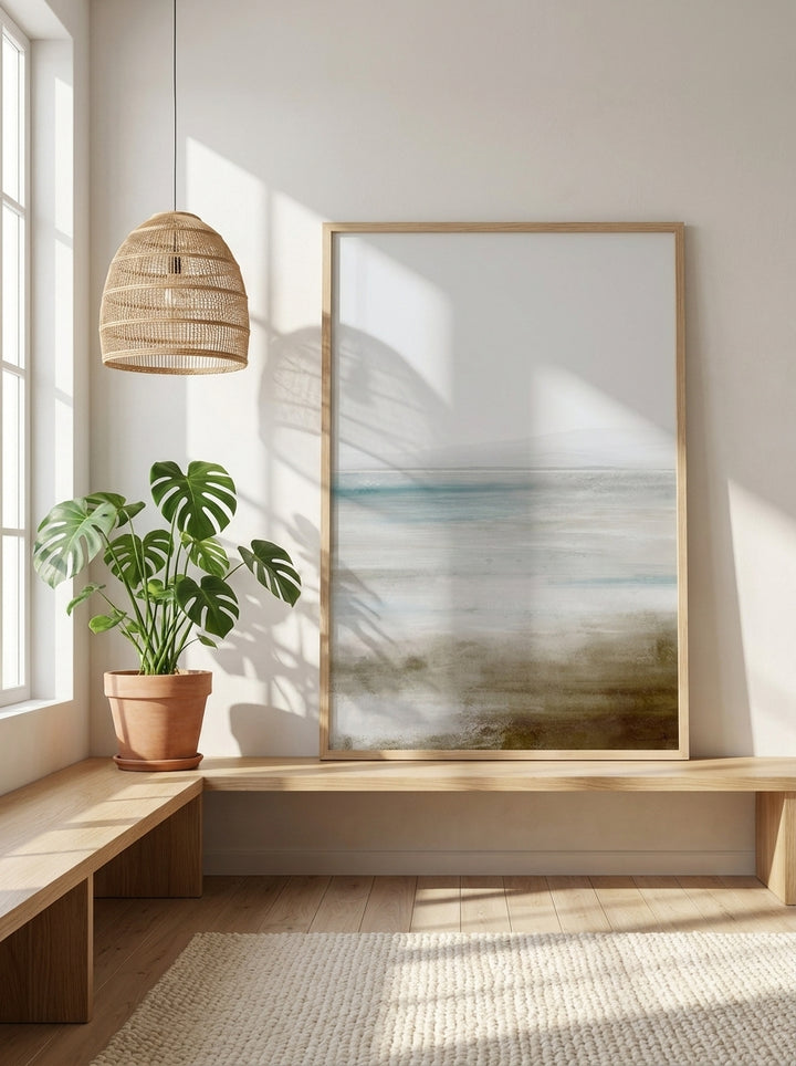 Modern wall art print standing on a bench in a bright Scandinavian home office