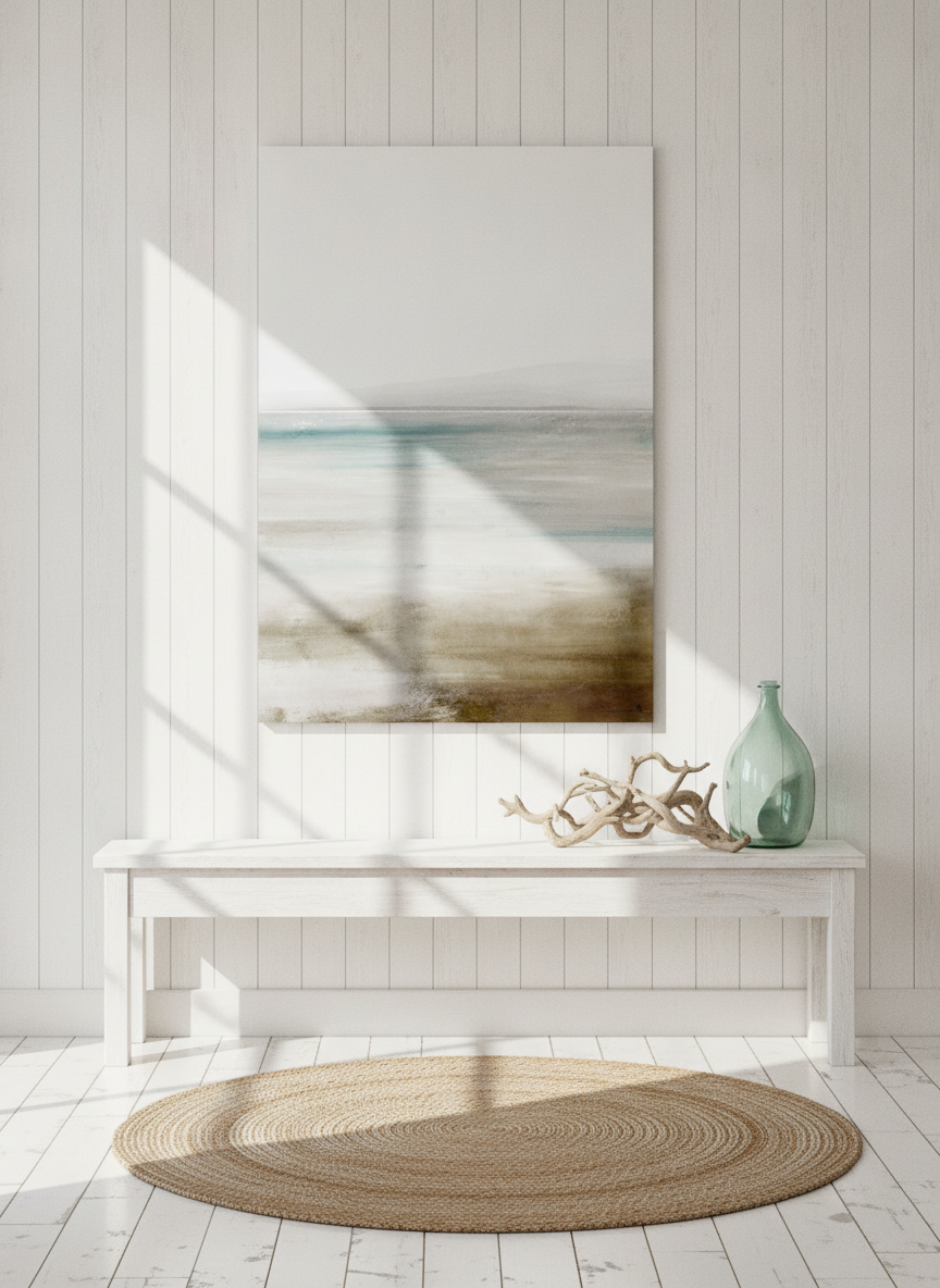 Stretched canvas wall art styled on the wall in a coastal living room