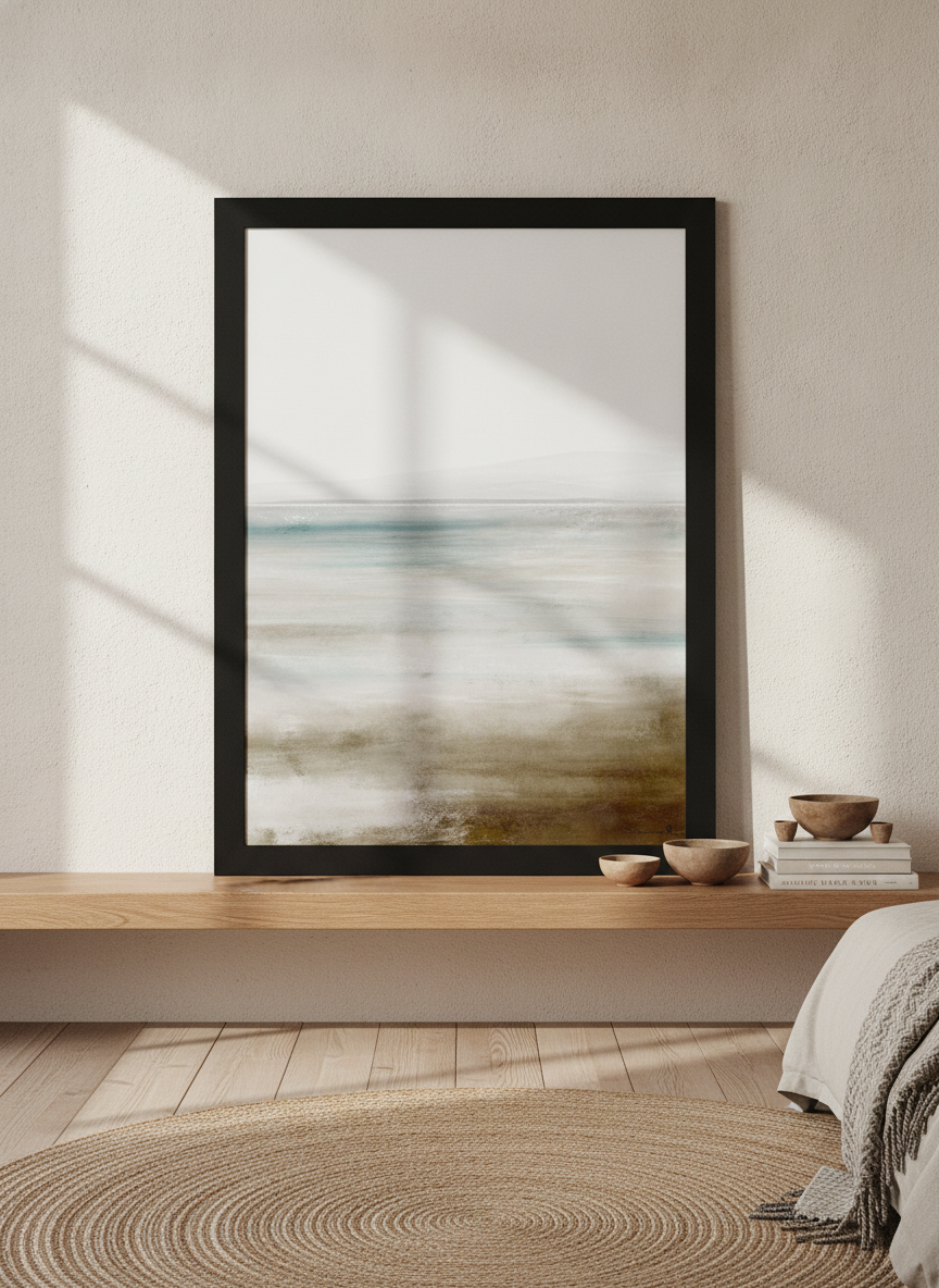 Modern wall art print standing on a shelf in a warm Japandi bedroom