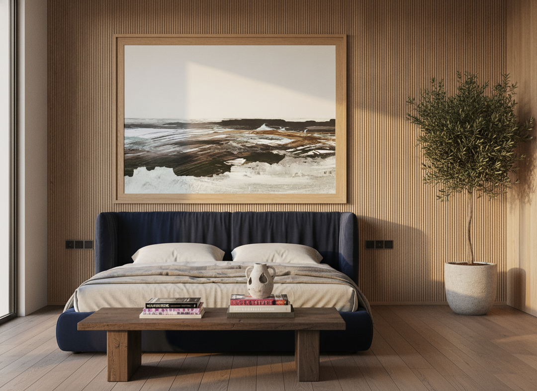 Oversized statement modern wall art print styled on the wall in a luxe bedroom