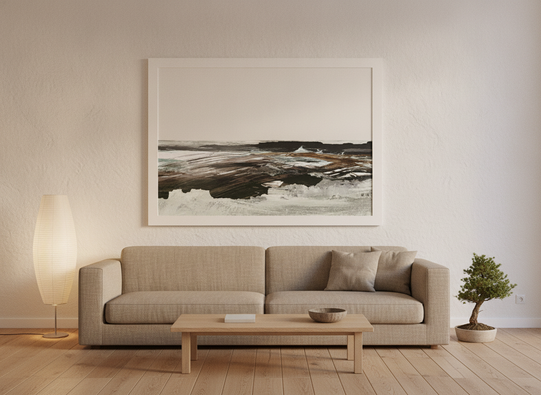 Oversized statement modern wall art print styled on the wall in a warm Japandi living room