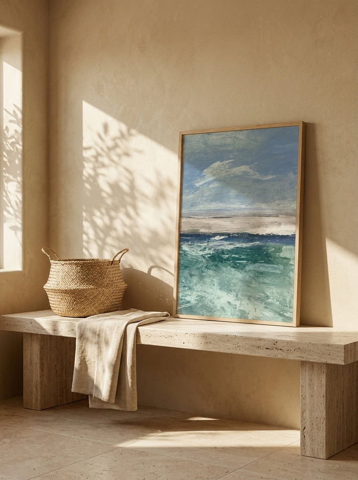 Modern wall art print standing on a console in a Mediterranean bathroom