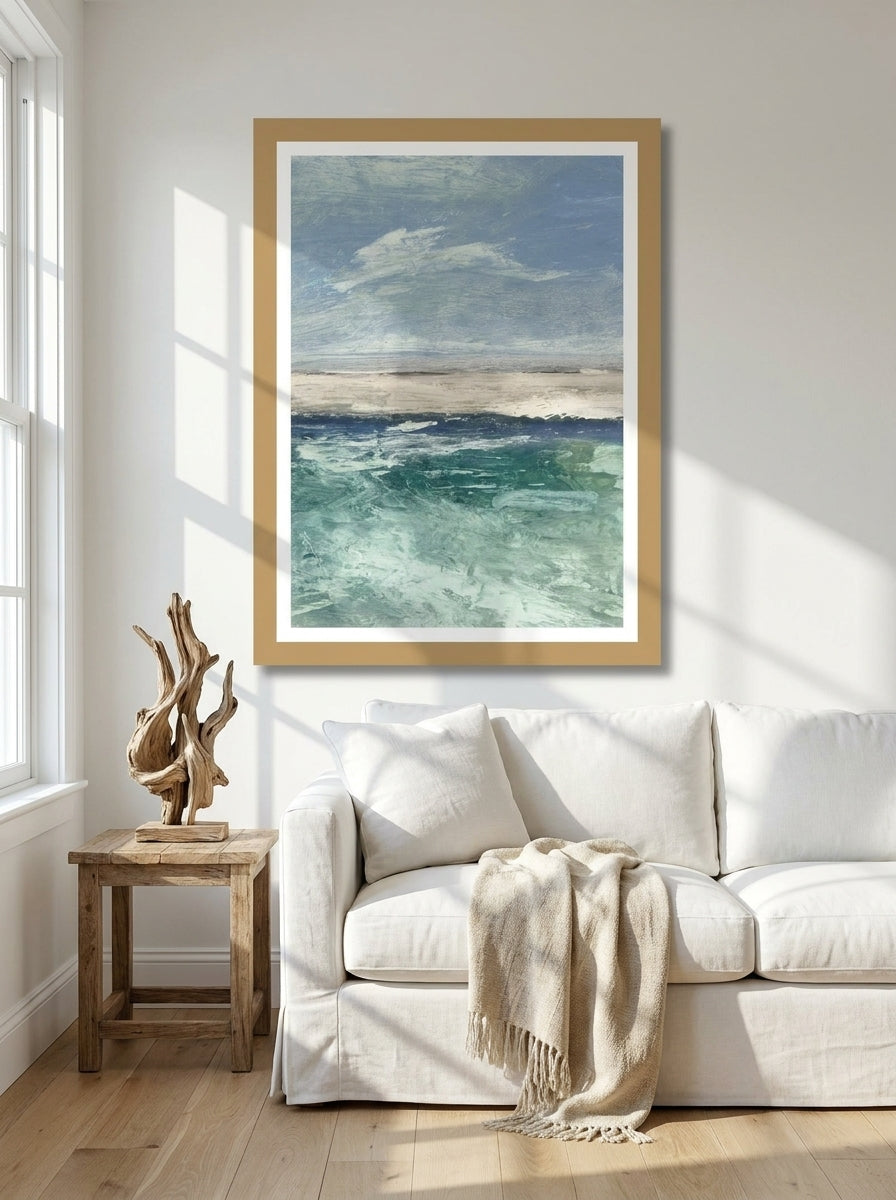 Modern wall art print styled on the wall in a coastal living room