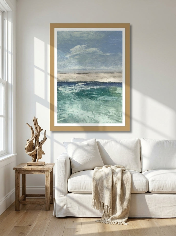 Modern wall art print styled on the wall in a coastal living room