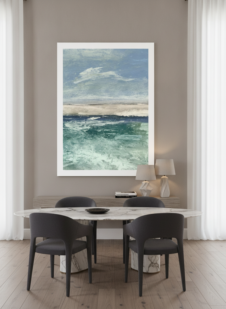 Oversized statement modern wall art print styled on the wall in a luxe dining room