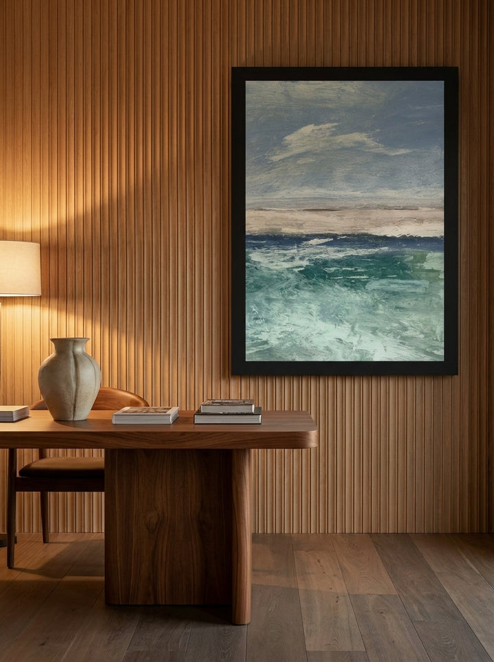 Modern wall art print styled on the wall in a luxe home office