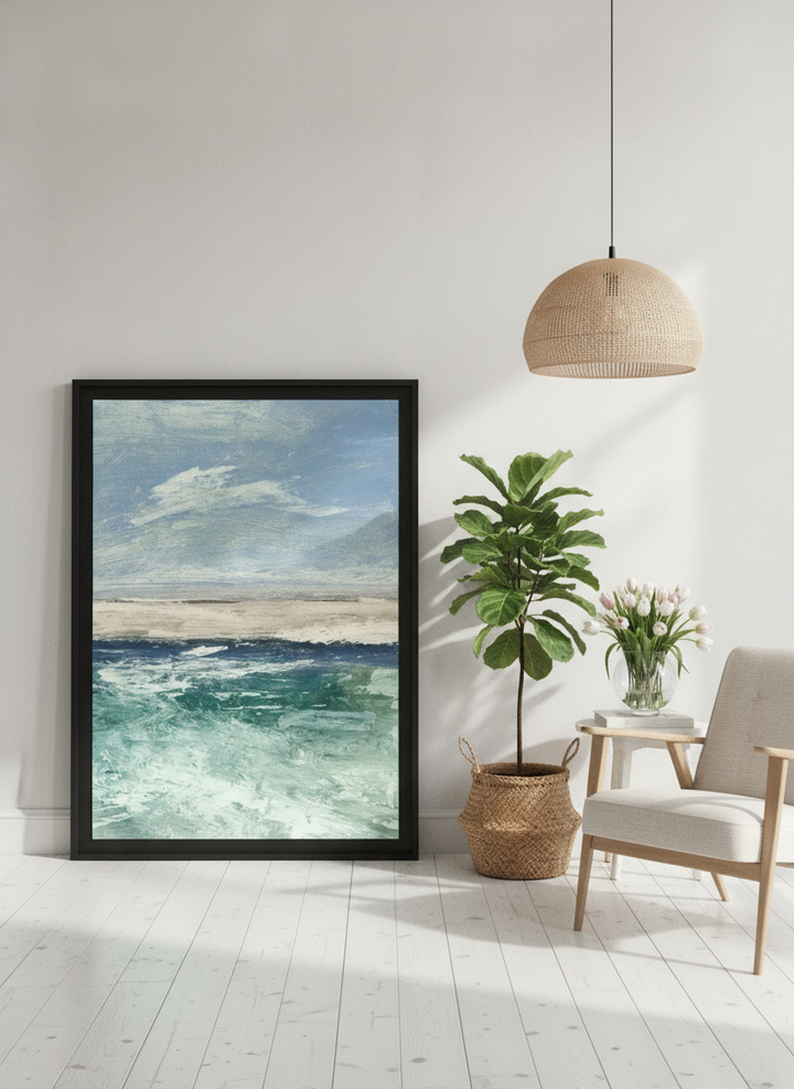 Oversized statement modern wall art print leaning against the wall in a bright Scandinavian living room