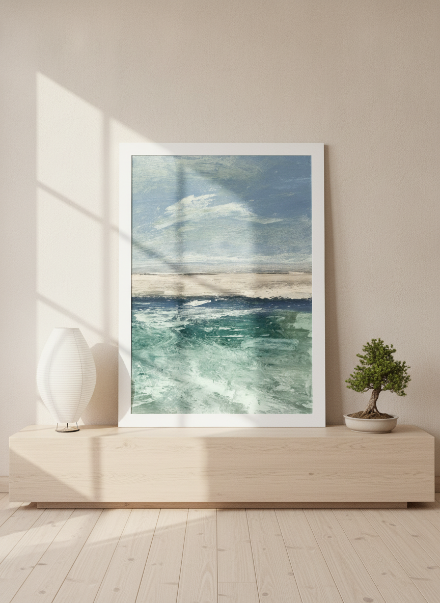 Modern wall art print standing on a sideboard in a warm Japandi bedroom