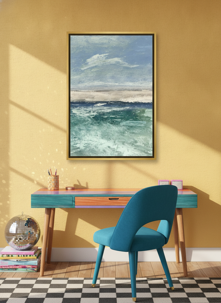 Canvas wall art with a gold leaf surround styled on the wall in a colourful eclectic home office