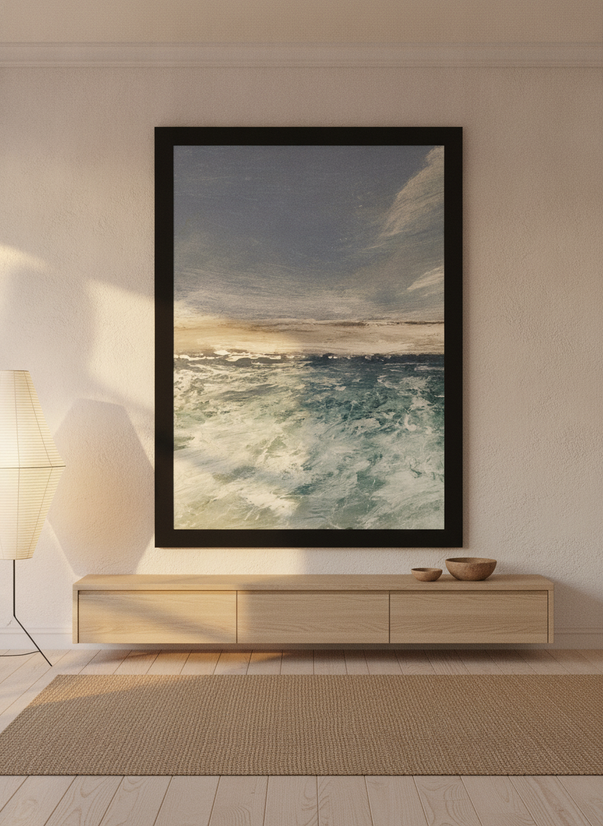 Oversized statement modern wall art print styled on the wall in a warm Japandi living room