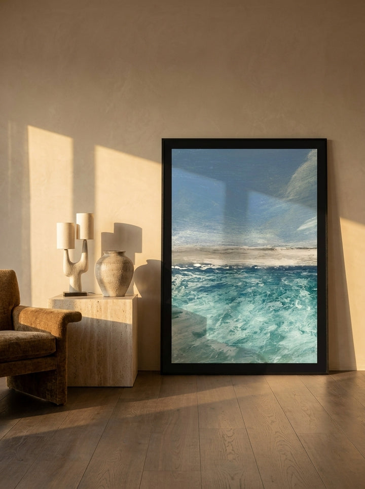 Oversized statement modern wall art print leaning against the wall in a luxe living room