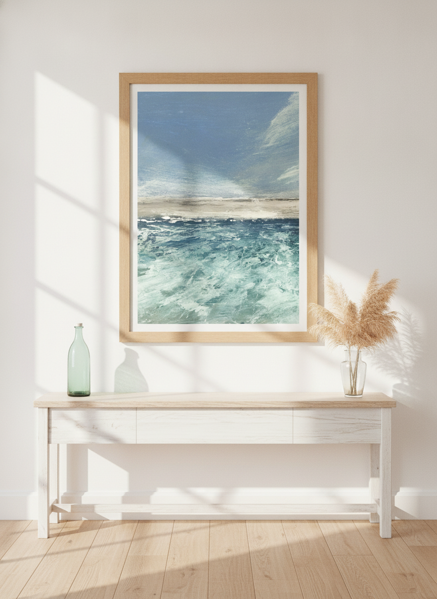 Modern wall art print styled on the wall in a coastal living room