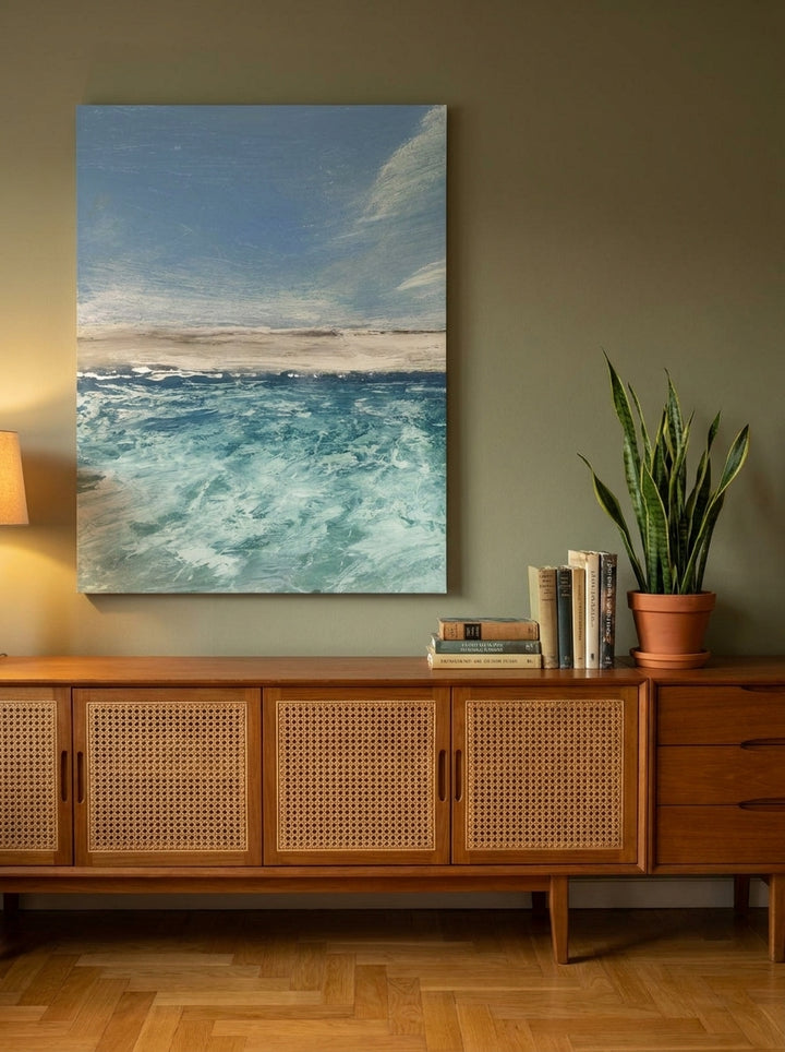 Stretched canvas wall art styled on the wall in a mid-century living room
