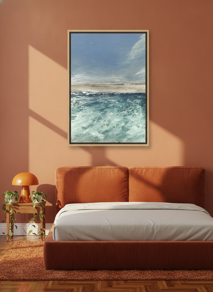 Canvas wall art with a natural timber surround styled on the wall in a retro 70s bedroom