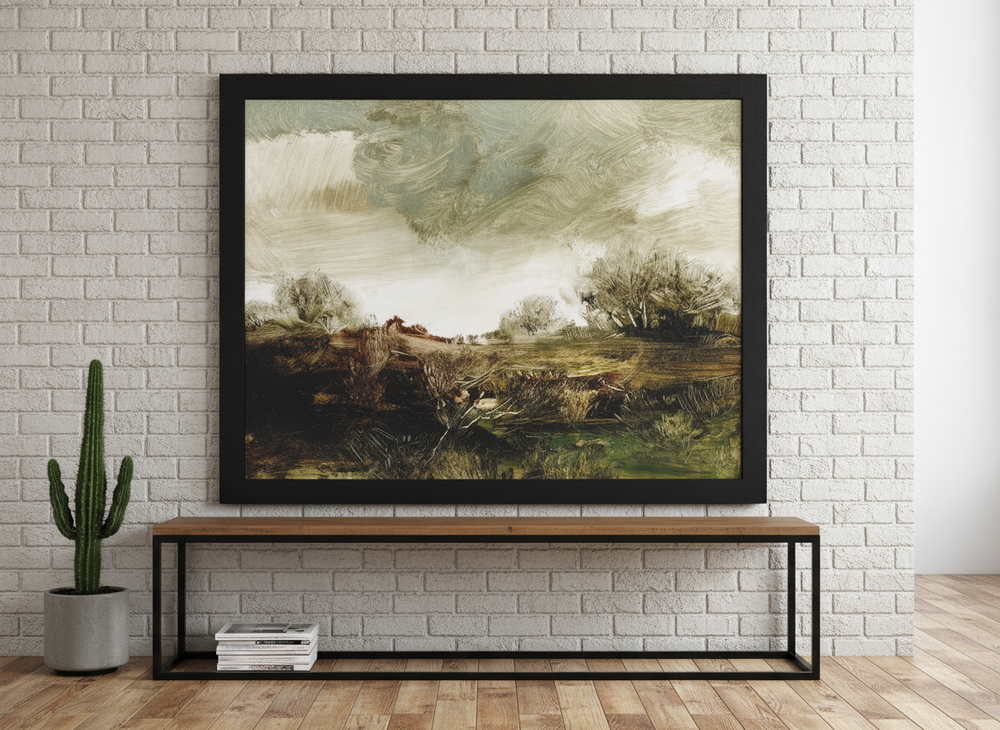 Modern wall art print standing on a console in an industrial loft home office