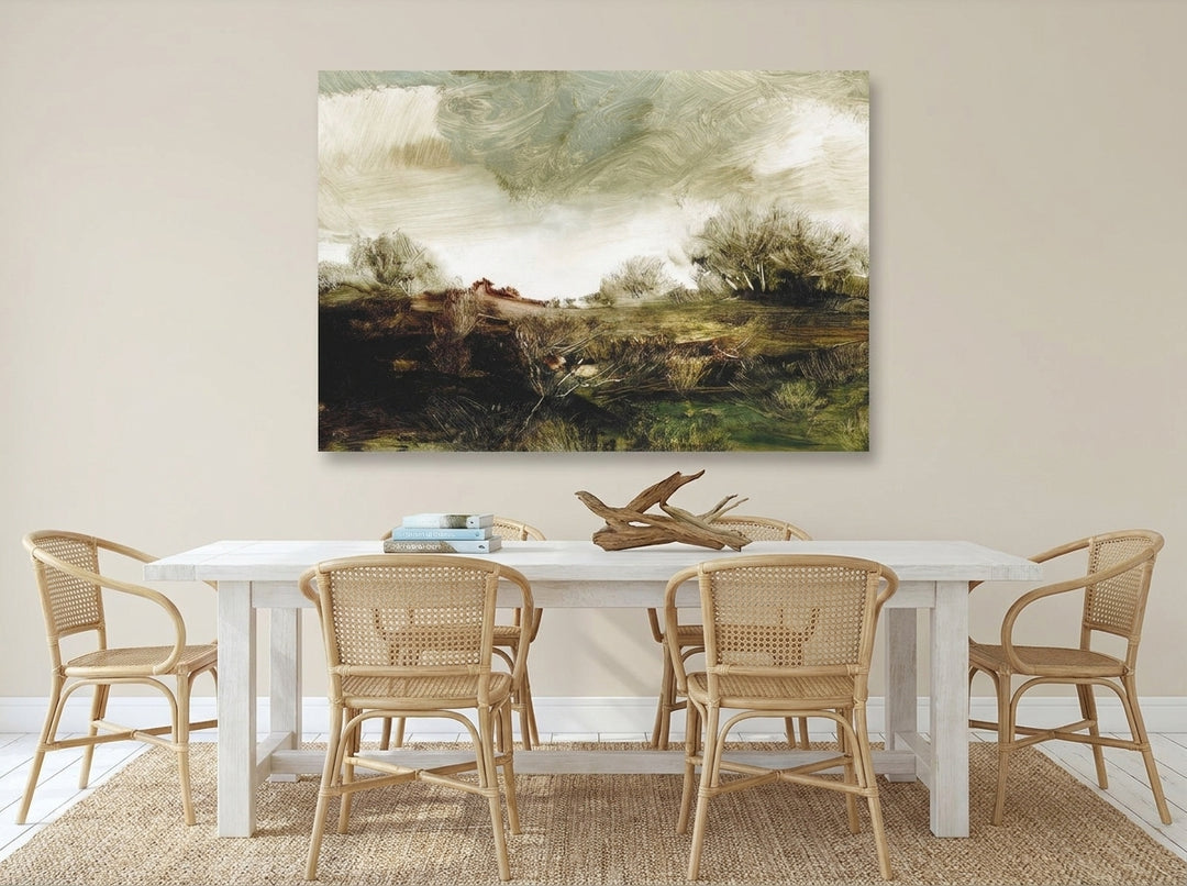 Stretched canvas wall art styled on the wall in a coastal dining room