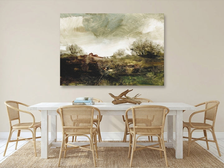Stretched canvas wall art styled on the wall in a coastal dining room