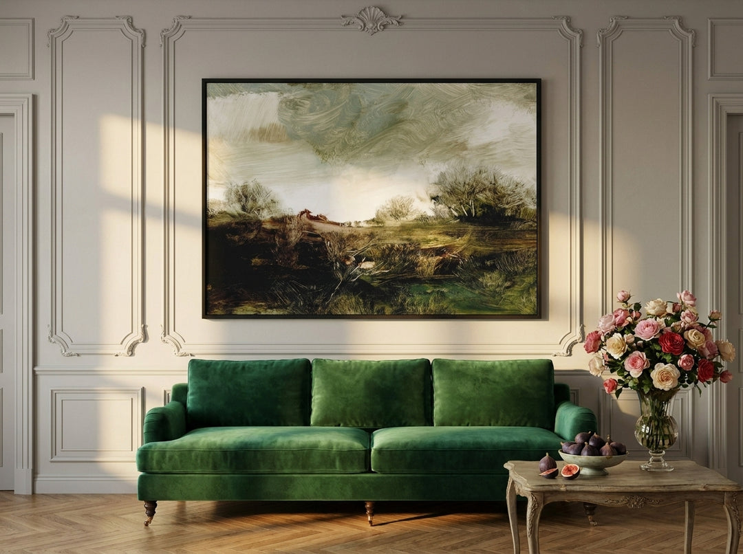 Oversized statement modern wall art print styled on the wall in a Parisian living room