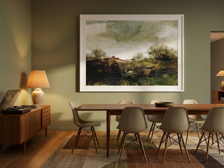 Oversized statement modern wall art print styled on the wall in a mid-century dining room