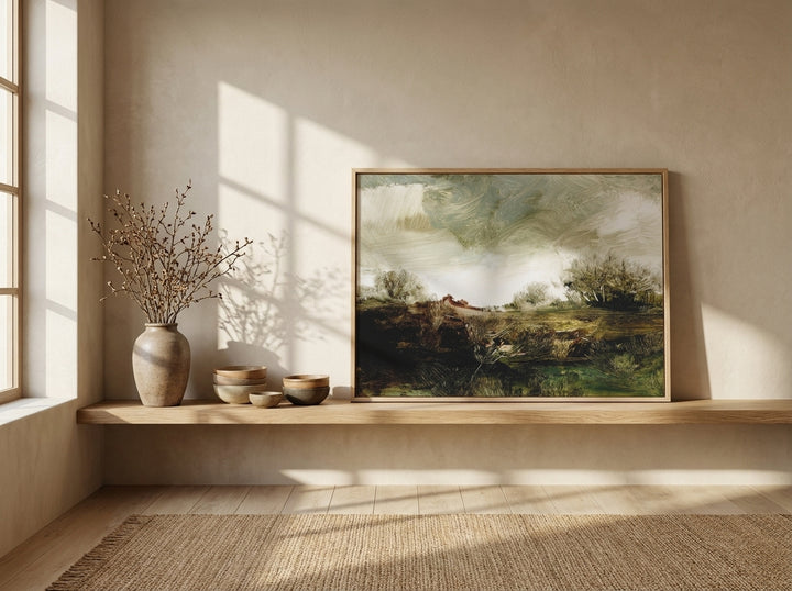 Modern wall art print standing on a shelf in a warm Japandi bedroom