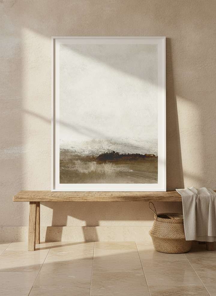 Modern wall art print standing on a bench in a Mediterranean home office
