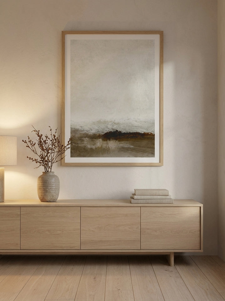 Modern wall art print styled on the wall in a warm Japandi living room