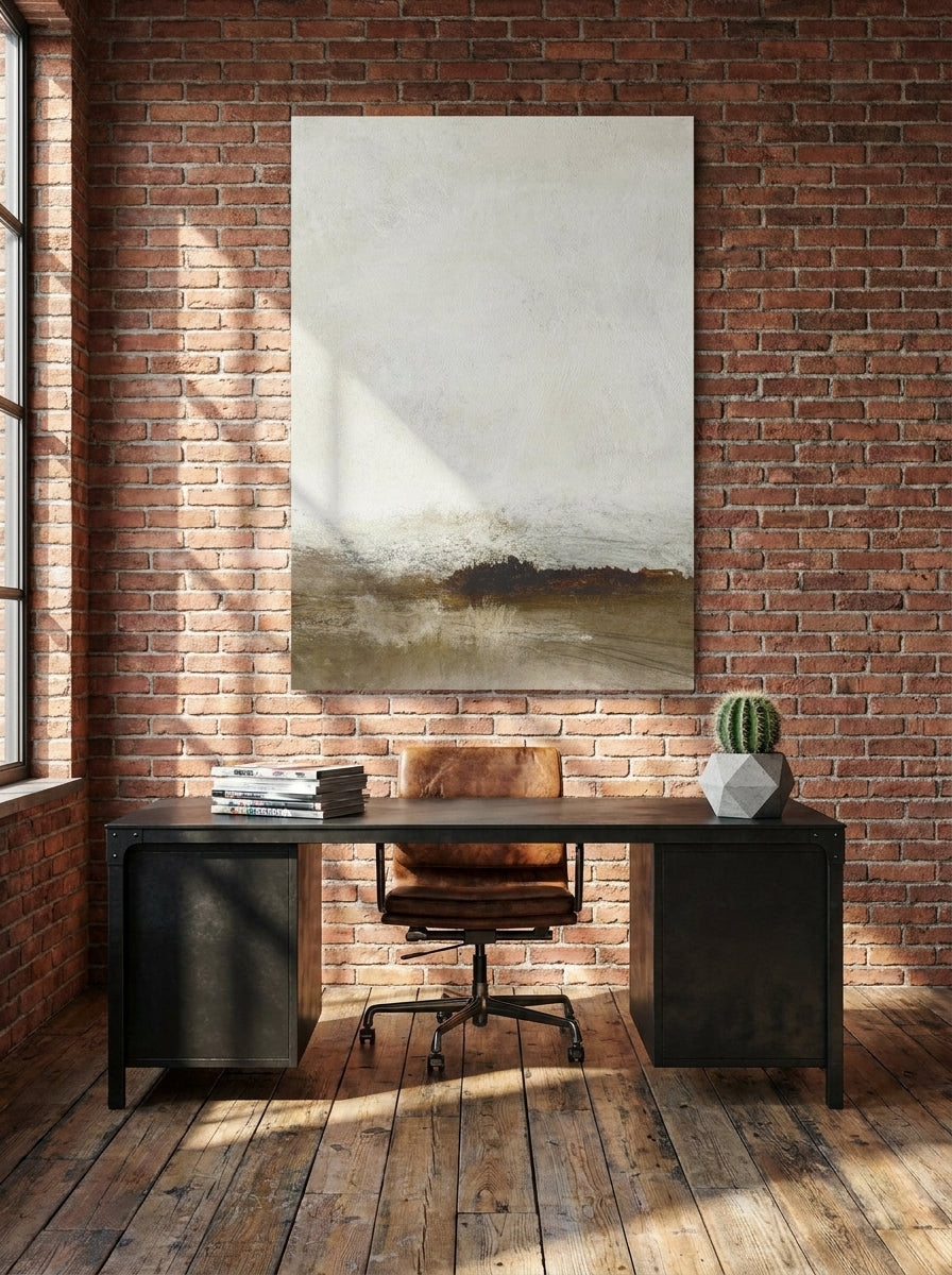 Stretched canvas wall art styled on the wall in an industrial loft home office