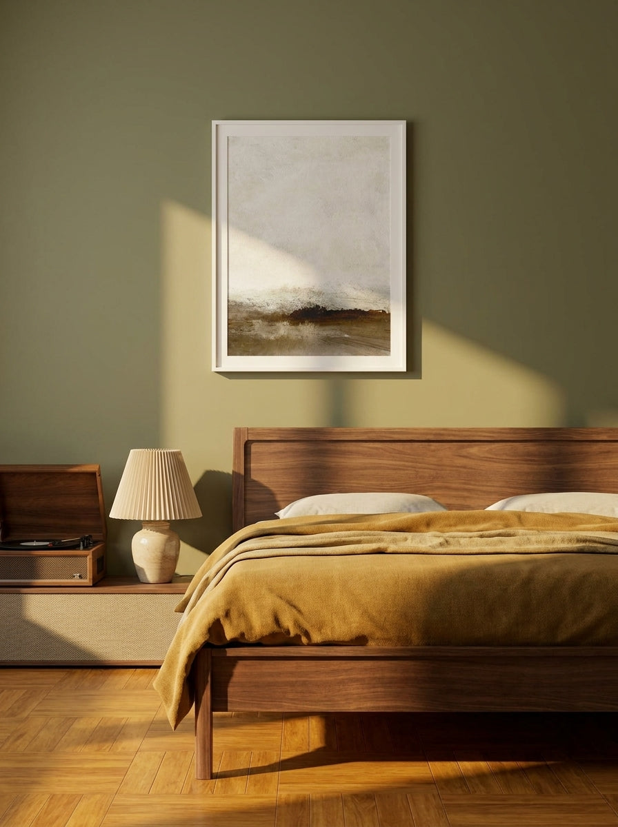 Modern wall art print styled on the wall in a mid-century bedroom