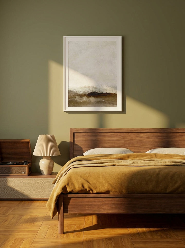 Modern wall art print styled on the wall in a mid-century bedroom
