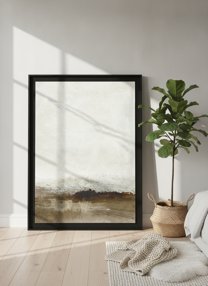 Oversized statement modern wall art print leaning against the wall in a bright Scandinavian bedroom