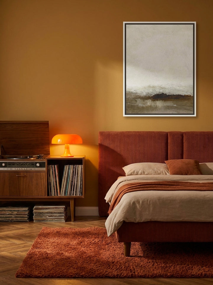 Canvas wall art with a white surround styled on the wall in a retro 70s bedroom