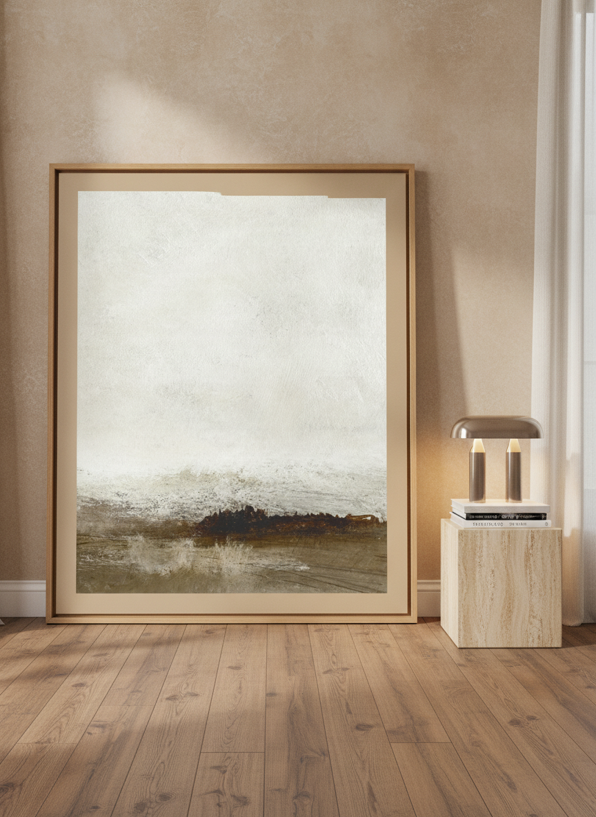Oversized statement modern wall art print leaning against the wall in a luxe living room