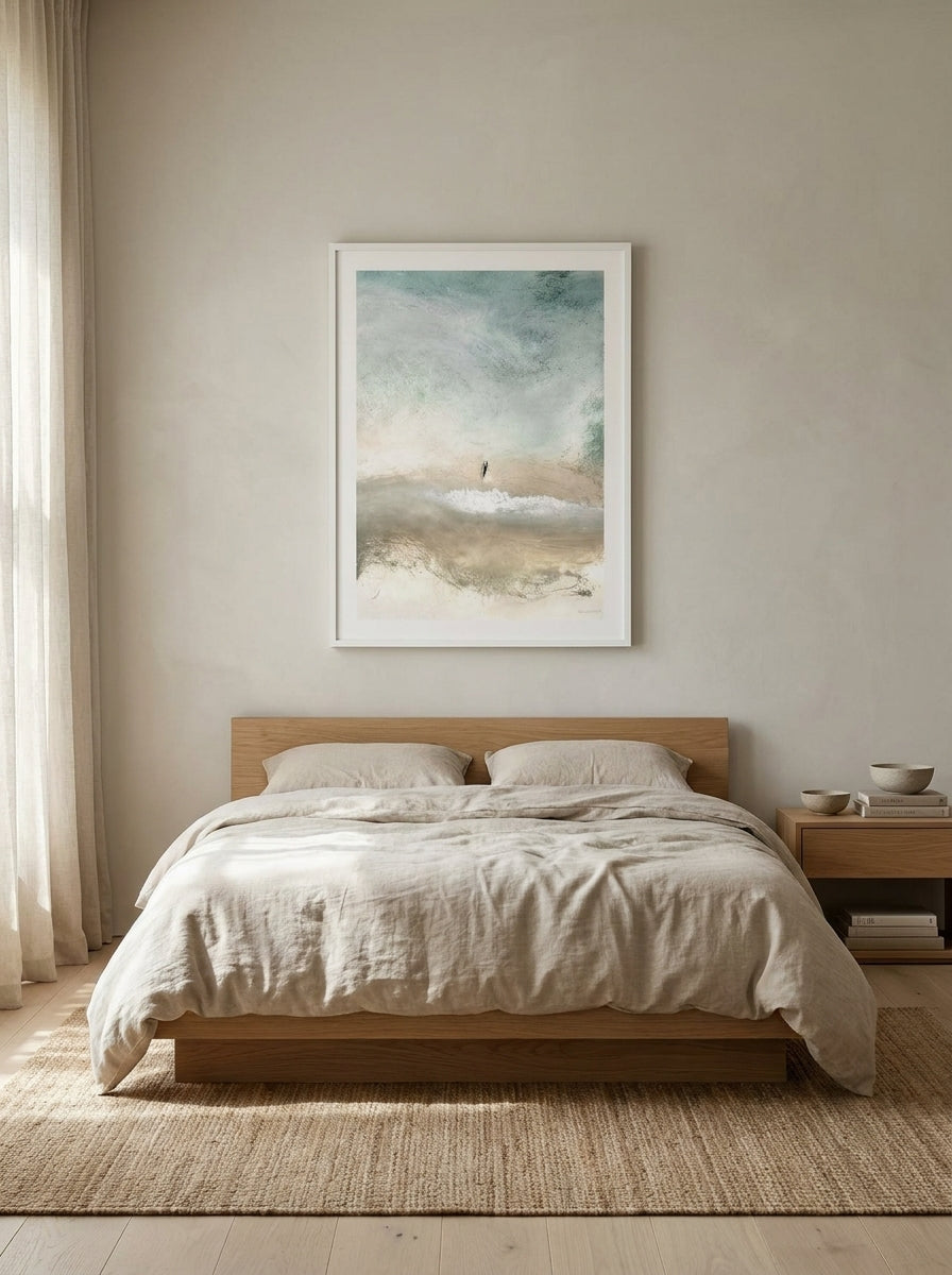 Modern wall art print styled on the wall in a warm Japandi bedroom