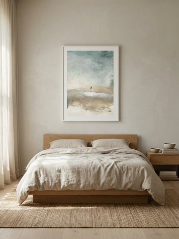 Modern wall art print styled on the wall in a warm Japandi bedroom