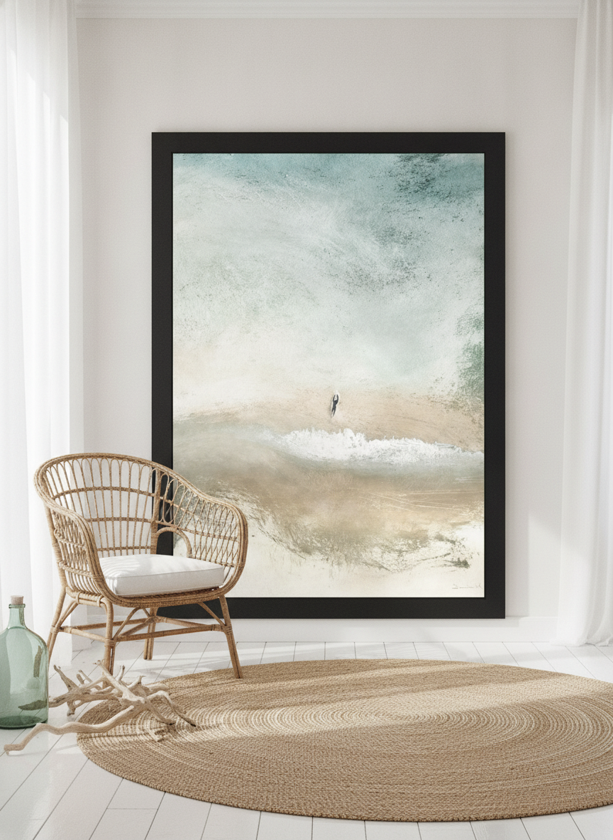 Oversized statement modern wall art print leaning against the wall in a coastal dining room