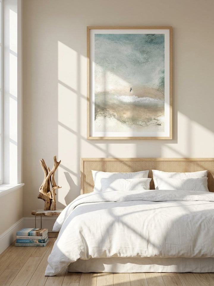 Modern wall art print styled on the wall in a coastal bedroom