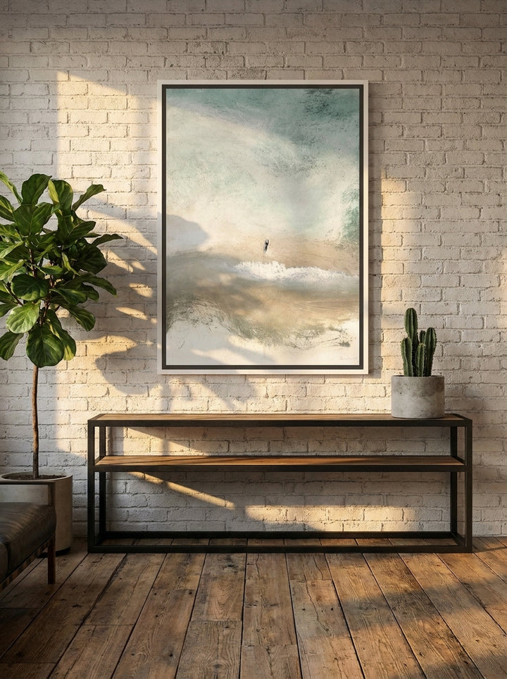 Canvas wall art with a white surround styled on the wall in an industrial loft living room