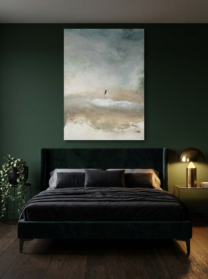 Stretched canvas wall art styled on the wall in a moody bedroom