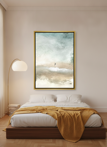 Oversized statement canvas wall art with a gold leaf surround styled on the wall in a mid-century bedroom