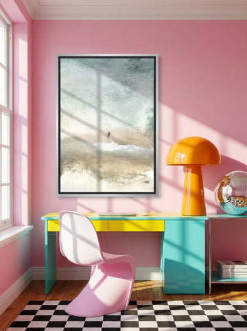 Canvas wall art with a silver leaf surround styled on the wall in a colourful eclectic home office