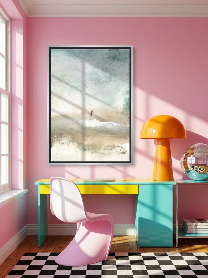 Canvas wall art with a silver leaf surround styled on the wall in a colourful eclectic home office