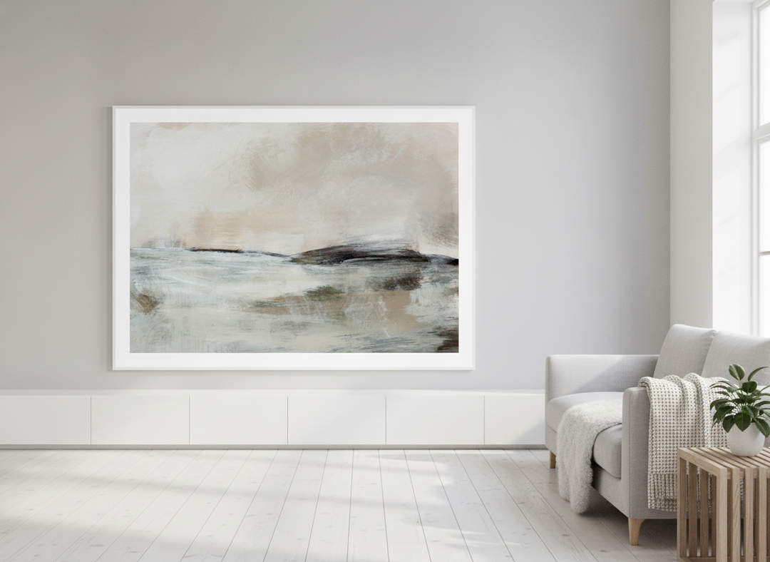 Oversized statement modern wall art print styled on the wall in a bright Scandinavian living room