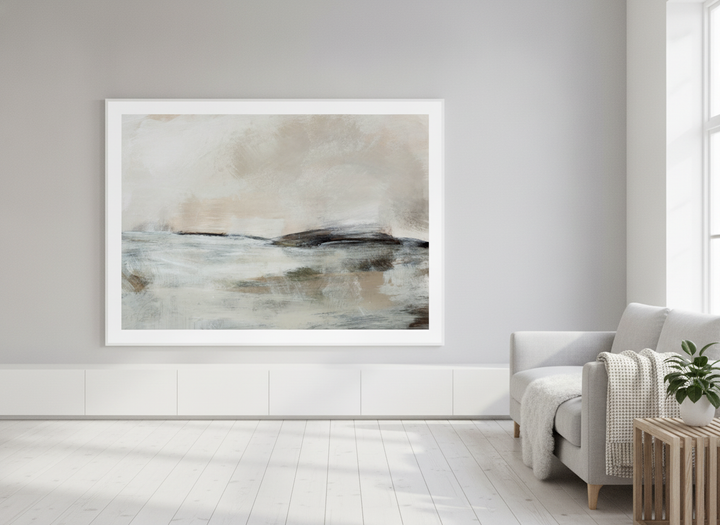 Oversized statement modern wall art print styled on the wall in a bright Scandinavian living room
