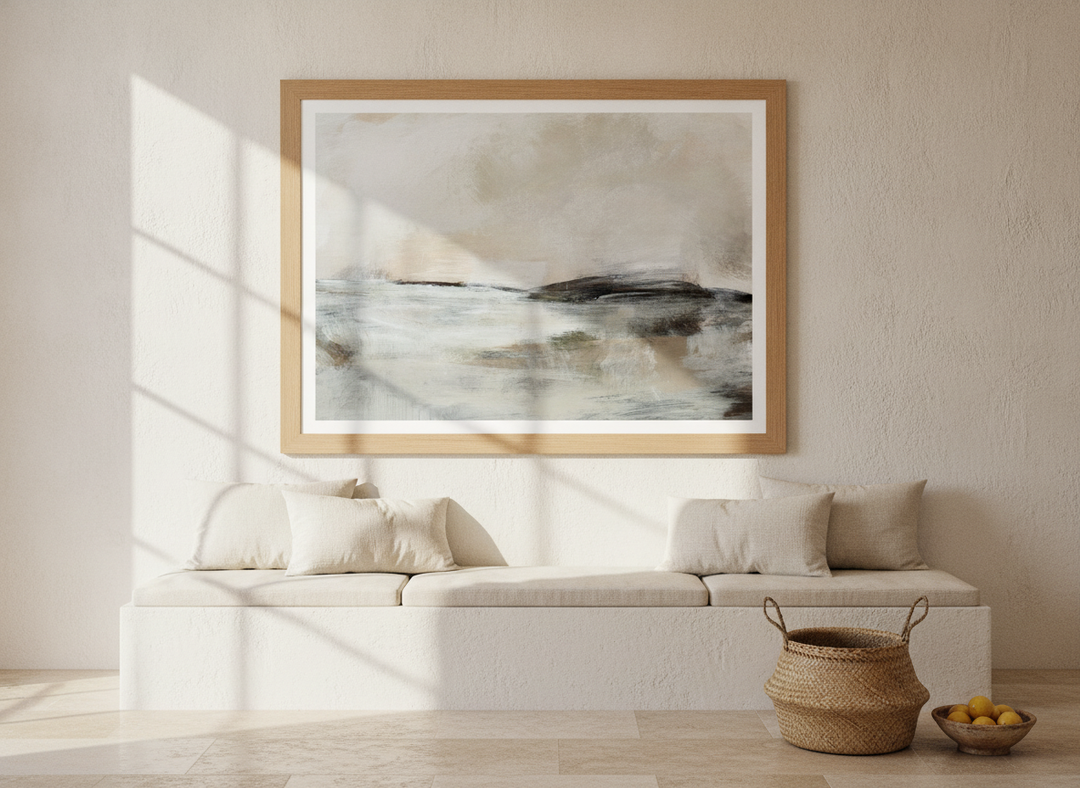 Modern wall art print styled on the wall in a Mediterranean living room