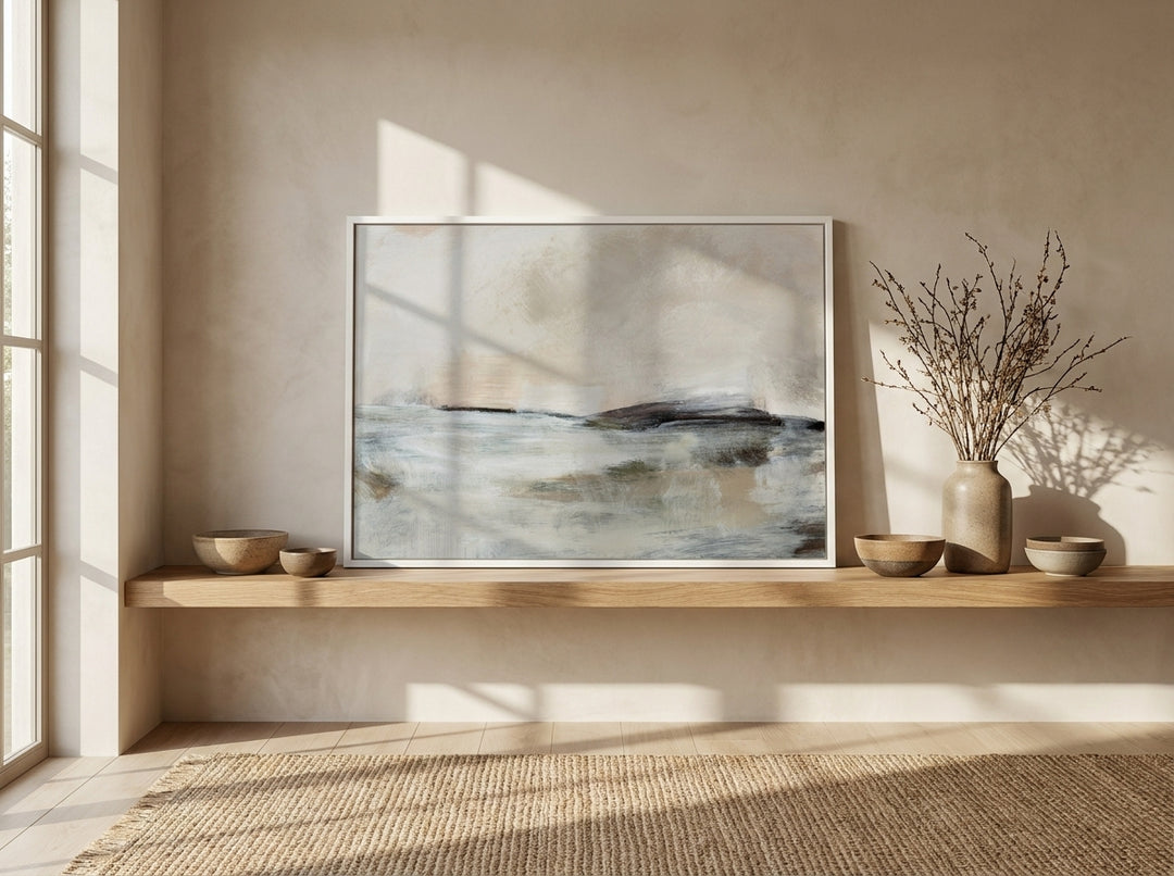 Modern wall art print standing on a shelf in a warm Japandi home office