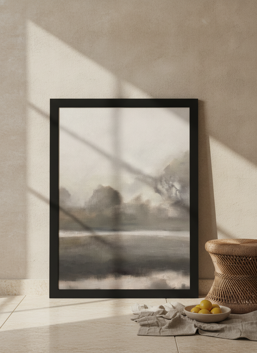 Modern wall art print leaning against the wall in a Mediterranean living room