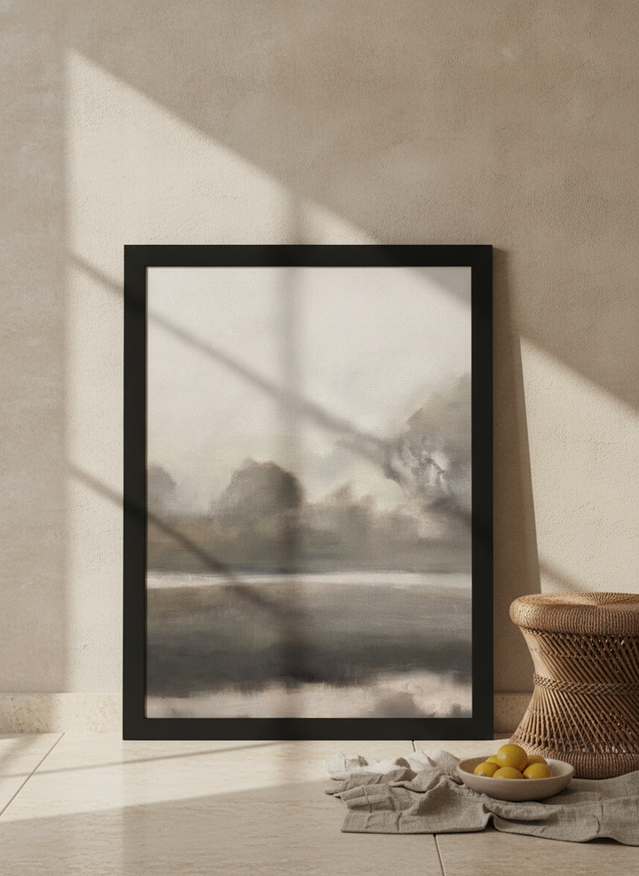 Modern wall art print leaning against the wall in a Mediterranean living room