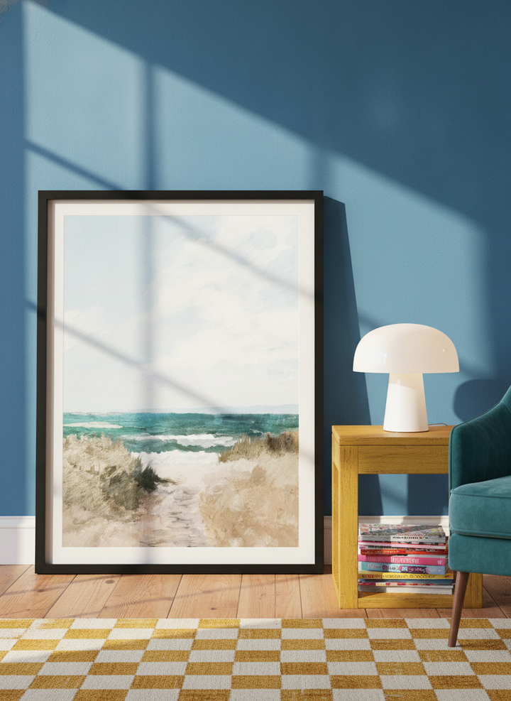 Modern wall art print leaning against the wall in a colourful eclectic home office