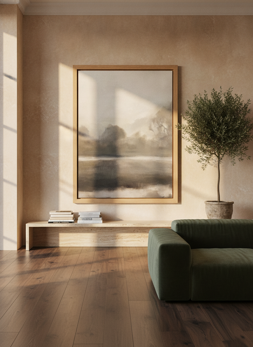 Oversized statement modern wall art print styled on the wall in a luxe living room